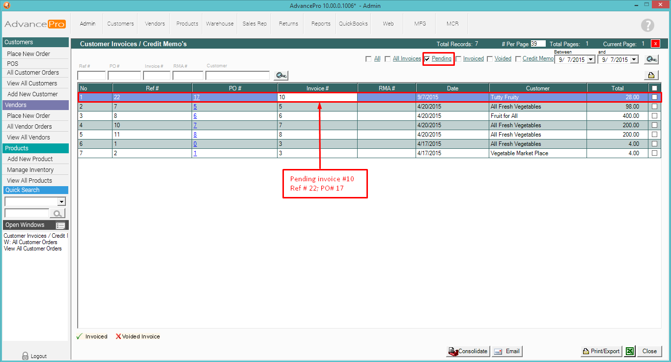 note of pending open invoice